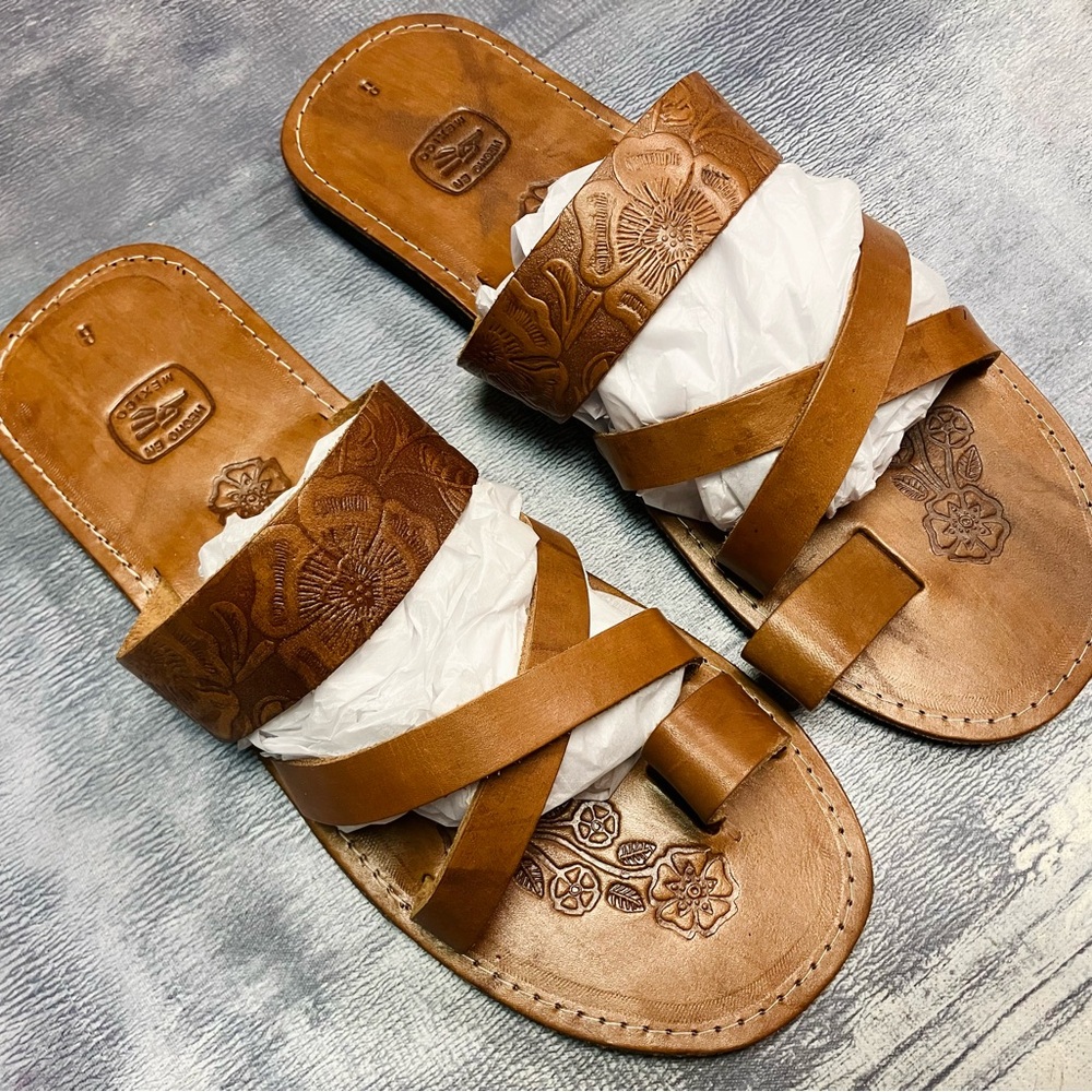 New Brown Leather Floral Huaraches Sandals Made in Mexico Gladiator Shoes Summer